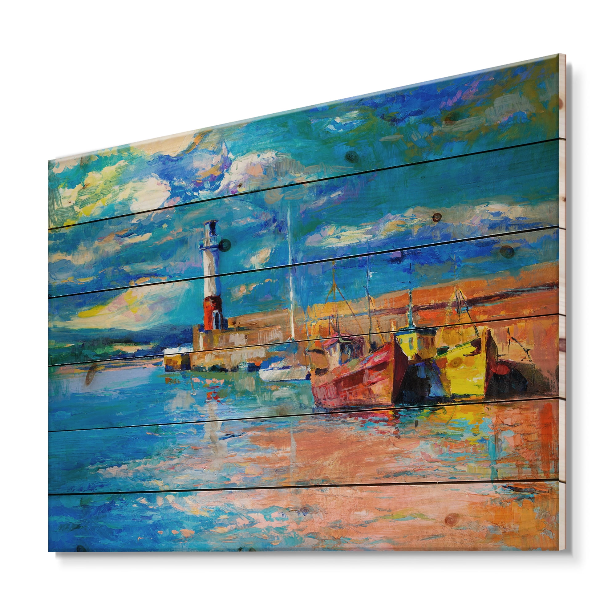 Designart 'Lighthouse By The Shore In Evening Glow ' Nautical & Coastal Print on Natural Pine Wood