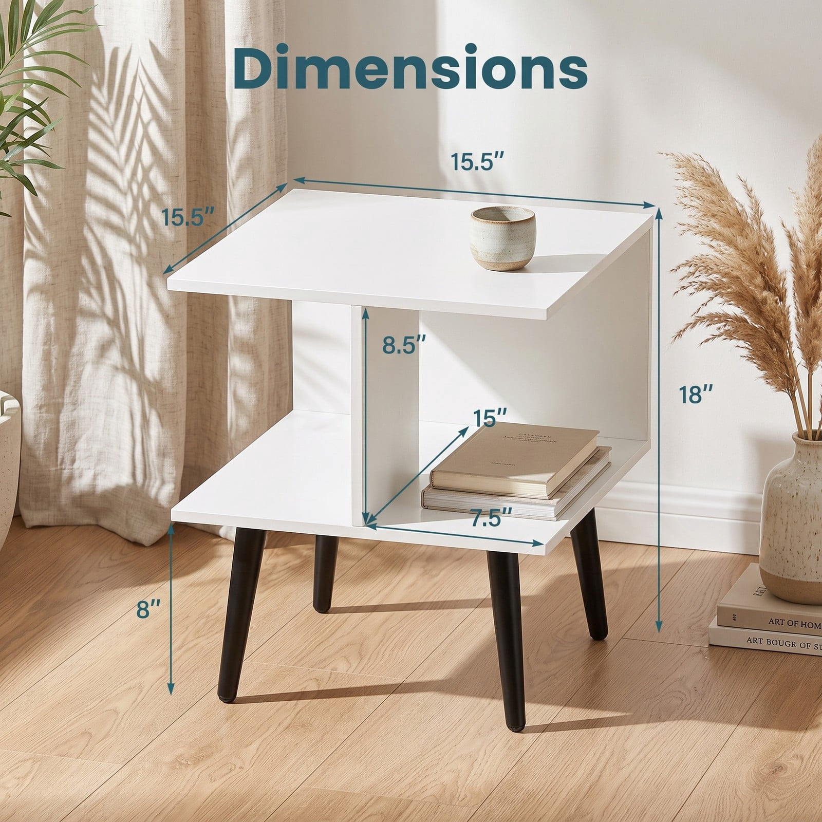 Furnibear 2-Tier Mid Century Modern End Table, Square Nightstand Side Table with 2 Open Compartments and Tapered Metal Legs, Sofa Couch Bedside Accent Table for, White