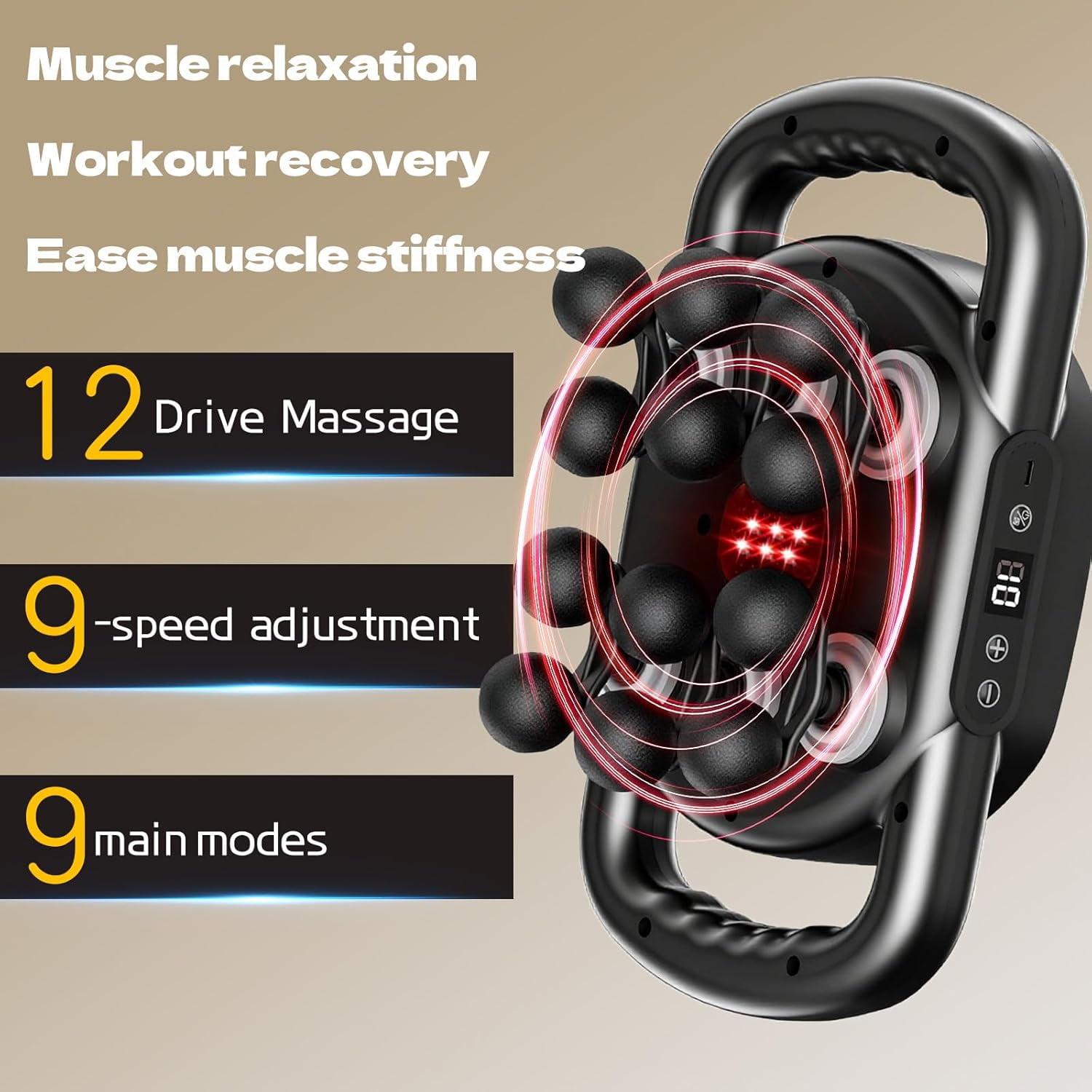 12 Head Deep Tissue Massage Gun with 9 Levels & 9 Modes Cordless Electric Percussion Massager for Full Body Muscle Pain Relief