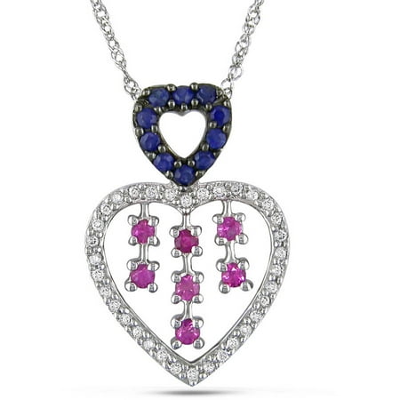 Tangelo 2/5 Carat T.G.W. Pink and Blue Sapphire and 1/6 Carat T.W. Diamond 14kt White Gold Double-Heart Pendant, 17