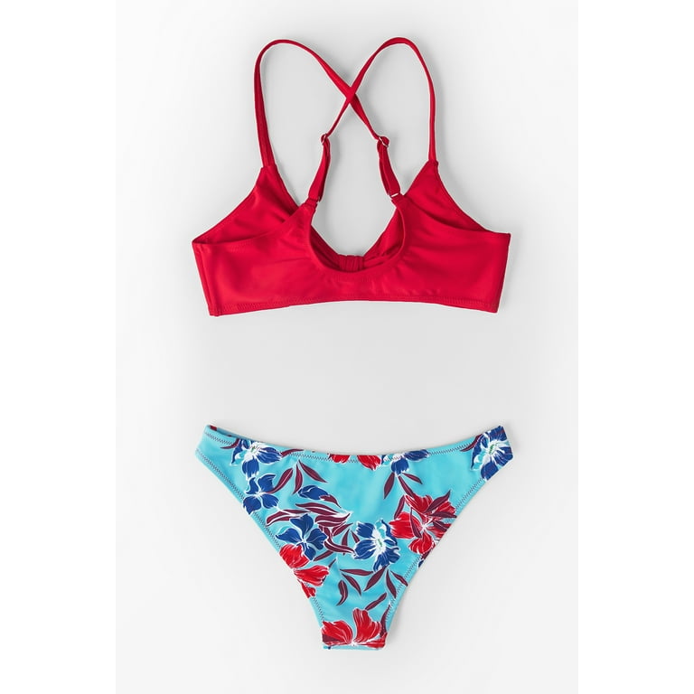 Cupshe Women's Red Floral Print Knotted Bikini Swimsuit Set, M 