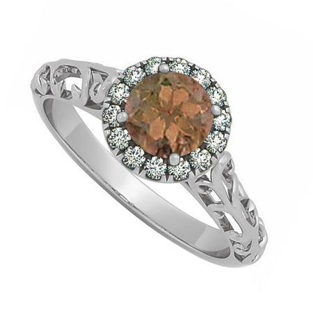 Fine Jewelry Vault UBNR50855W14CZSQ Best Design Smoky Quartz & CZ Filigree Halo Engagement Ring in 14K White Gold, 14