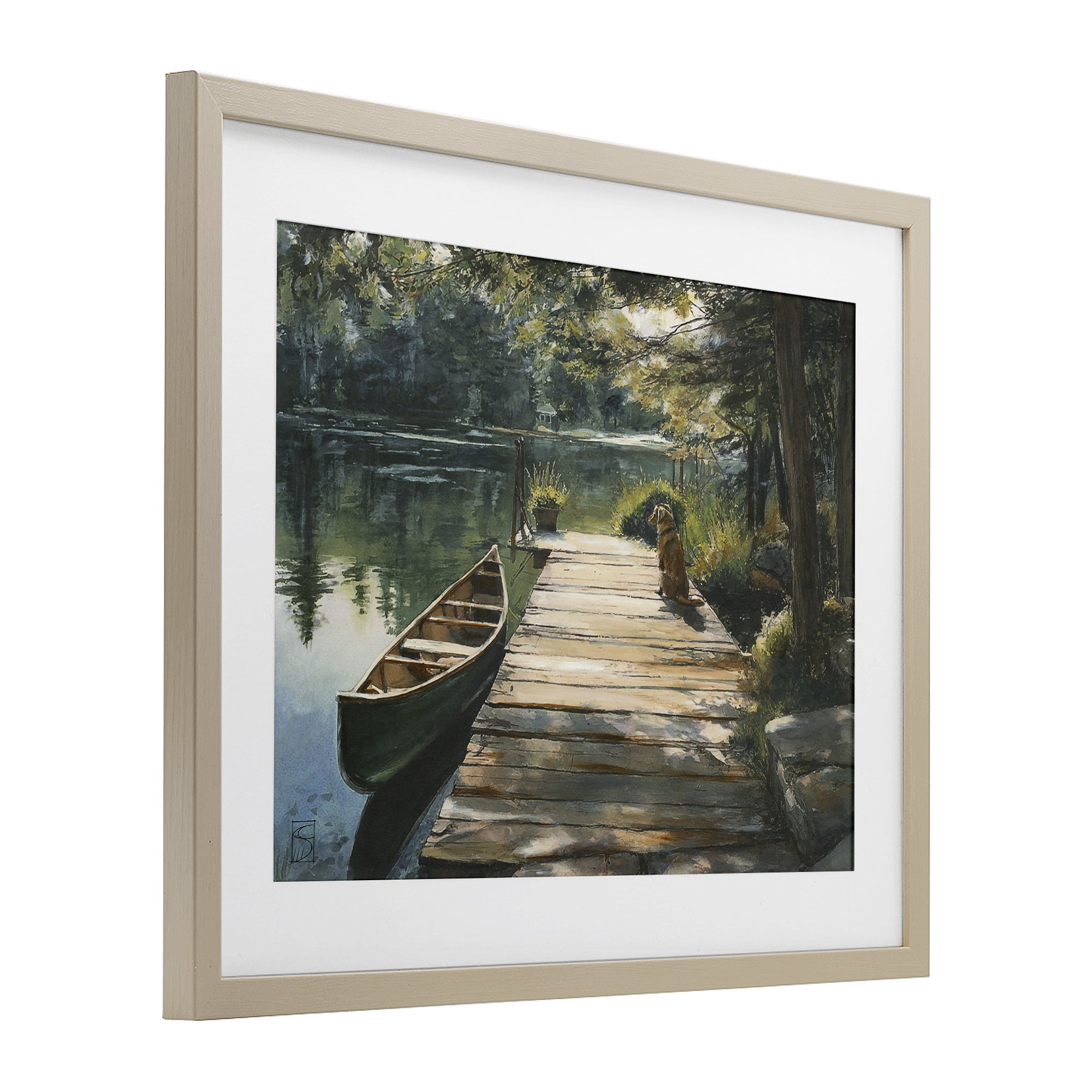 Lake Life Dog on Dock Birch Framed Print Under Glass, design by Sara Culpepper