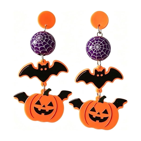1Pair Halloween Acrylic Layered Dangle Drop Earrings, Jewelry with Pumpkin Bat Charms Spider Web Layer Hanging Acrylic Ear Decor, Funky Spooky Earrings,3x1.5 Inch