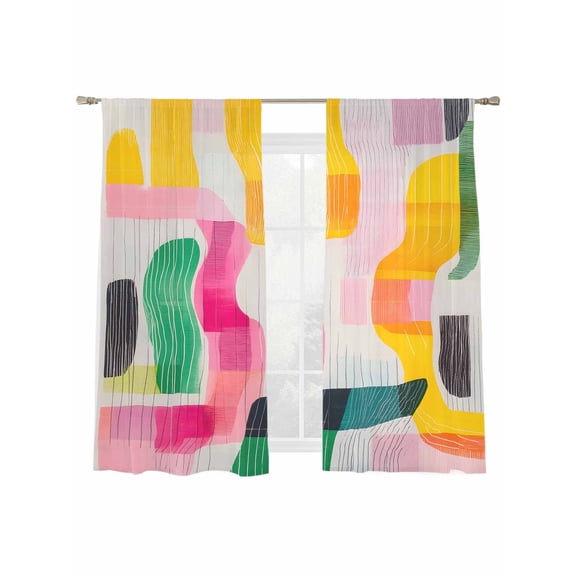 Impressionist Style Sheer Curtains for Living Room Bedroom, Light-filtering Sheer Curtain, Abstract Colorful Line Color Block Rod Pocket Voile Window Treatment Drapes, 52’’Wx72’’L, 2 Panels Set