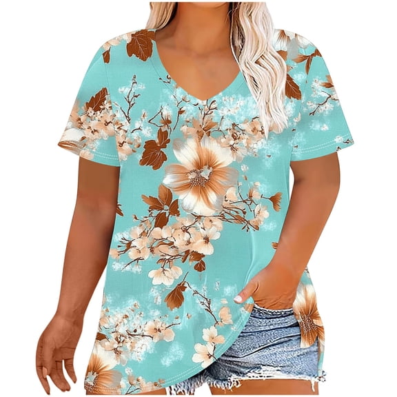 Turilly Women's Plus Size Floral Prints V-Neck Tops Basic Short Sleeve Summer Blouse