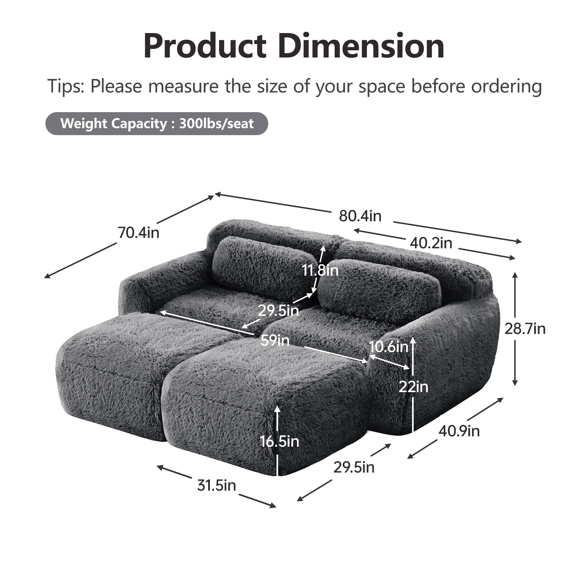 Wakefit 80" Loveseat Sofa, 2-Seater Modular Sectional Sofa Couch with Pillows, Soft Fluffy Plush Fabric Cloud Sofa, 32D High Density Foam Deep Seat with 2 Ottomans, No Assembly, Drak Gray