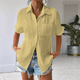 thumbnail image 4 of Camisa Estilo Boyfriend A Rayas Fruncidas para Mujer, Blusa Informal con Cuello Corto, Mangas , Botones y Bolsillo, Color Amarillo S, 4 of 7