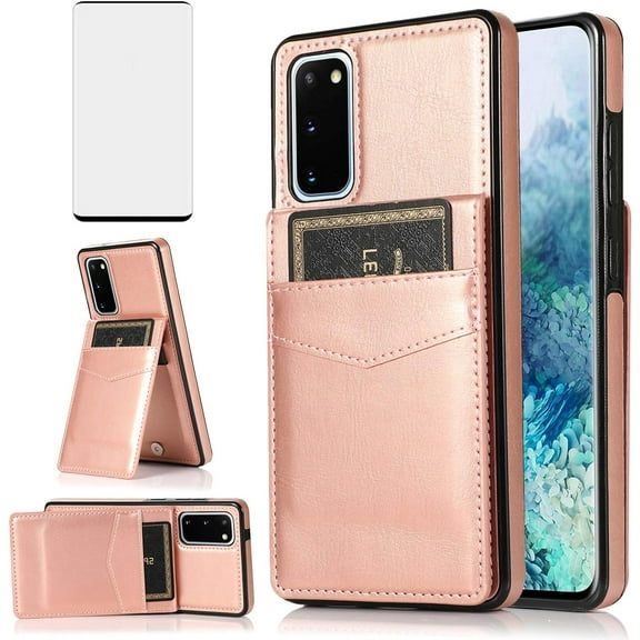Phone Case for Samsung Galaxy S20 Glaxay S 20 5G UW 6.2 inch with Tempered Glass Screen Protector Credit Card Holder Wallet Cover Stand Leather Cell Accessories Gaxaly 20S G5 Cases Women Men Rose Gold