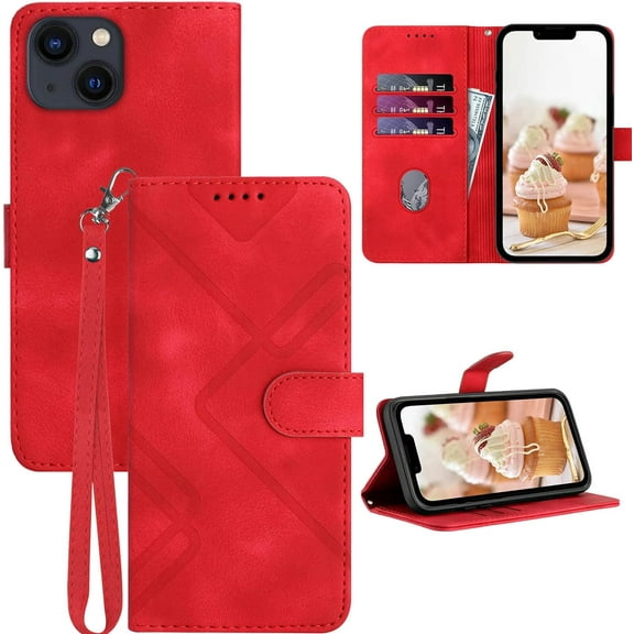 for iPhone 13 Wallet Case, for iPhone 14 Wallet Case,Card Holder Leather Kick-stand Flip Cases,Wrist Strap,Magnetic Closure,Shockproof Protective Cover (Red)