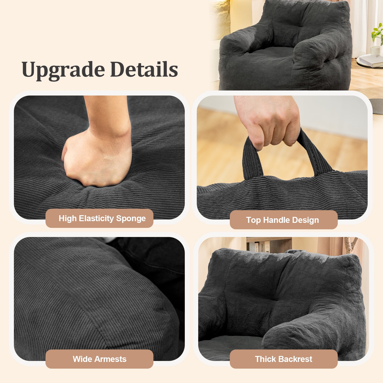 MIERES Bean Bag Chair for Adult Small Bean Bag Chairs with Arms Furry Beanbag Chair with Foam Filler Stuffed Bean Bag Sofa for Reading in Bedroom Living Room and Dorms (Gray)