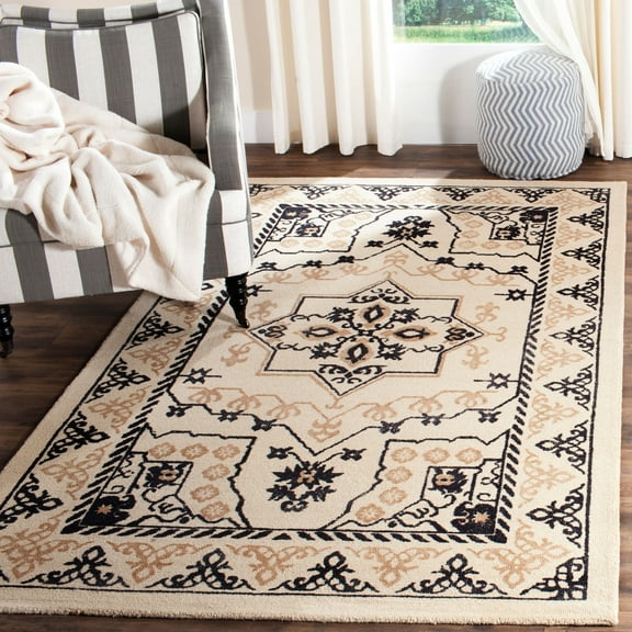 SAFAVIEH Restoration Vintage Katharine Border Wool Area Rug, Ivory/Charcoal, 6' x 6' Square