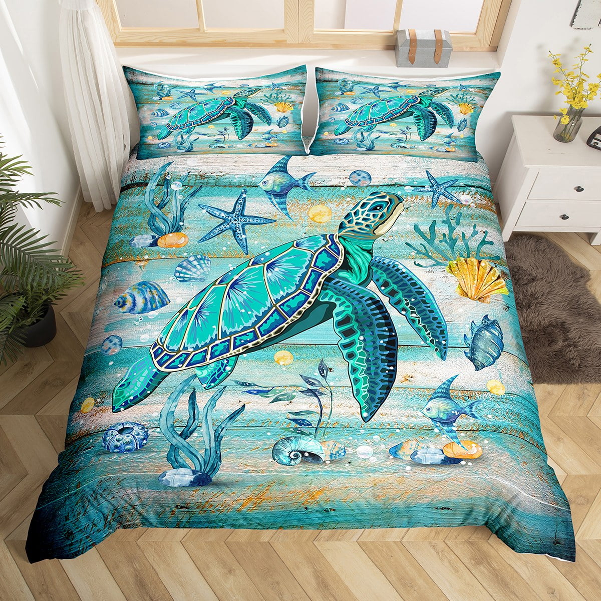YST Teal Sea Turtle Duvet Cover Twin Ocean Marine Bedding Set Sea Animal Comforter Cover For