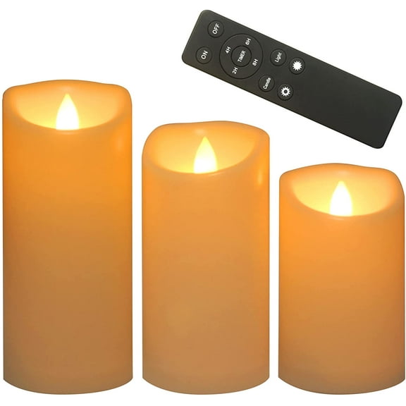 Waterproof Outdoor Battery Operated Flameless Candles with Remote and Timer Flickering Battery Operated LED Pillars Lights for Home Garden Wedding Christmas Decor 3x5, 6, 7 Inches, Set of 3