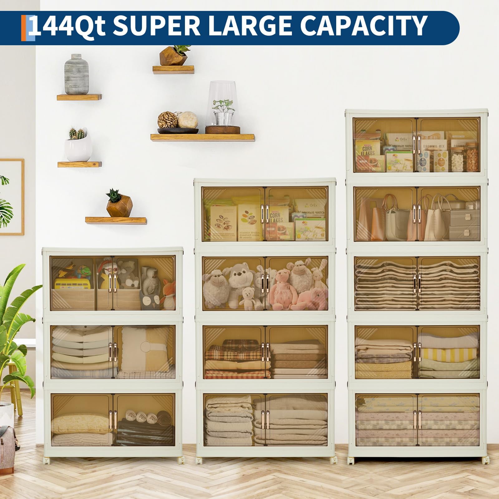Stackable Foldable Storage Bins with Lids - Plastic Storage Drawers w/Magnetic Doors & Wheels, White Closet Organizers for Home Dorm Office
