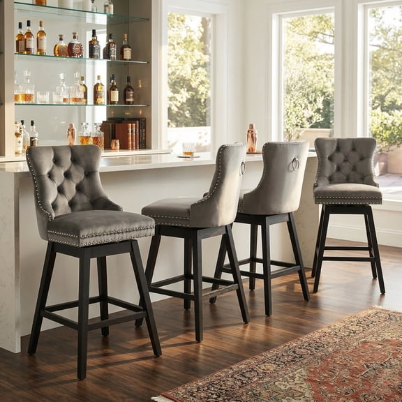 Fahomiss 26" Counter Height Swivel Bar Stools Set of 4, Gray Velvet Kitchen Island Chairs with Back