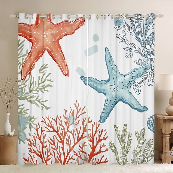 jejeloiu Kawaii Watercolor Coral Black Out Curtains,Underocean Animal Curtains Pack of 2 (42x63 Each),Multicolor Starfish Bedroom Curtains For Children,Luxury Bedroom Decor