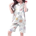 thumbnail image 2 of CAIVO Child Girls Outfit Set Short Sleeve Lapel Blouse Tops Pants Bow Print Outfits Comfortable Clothes Sets Toddler Kids Casual Outfit 6-7 Years, 2 of 4