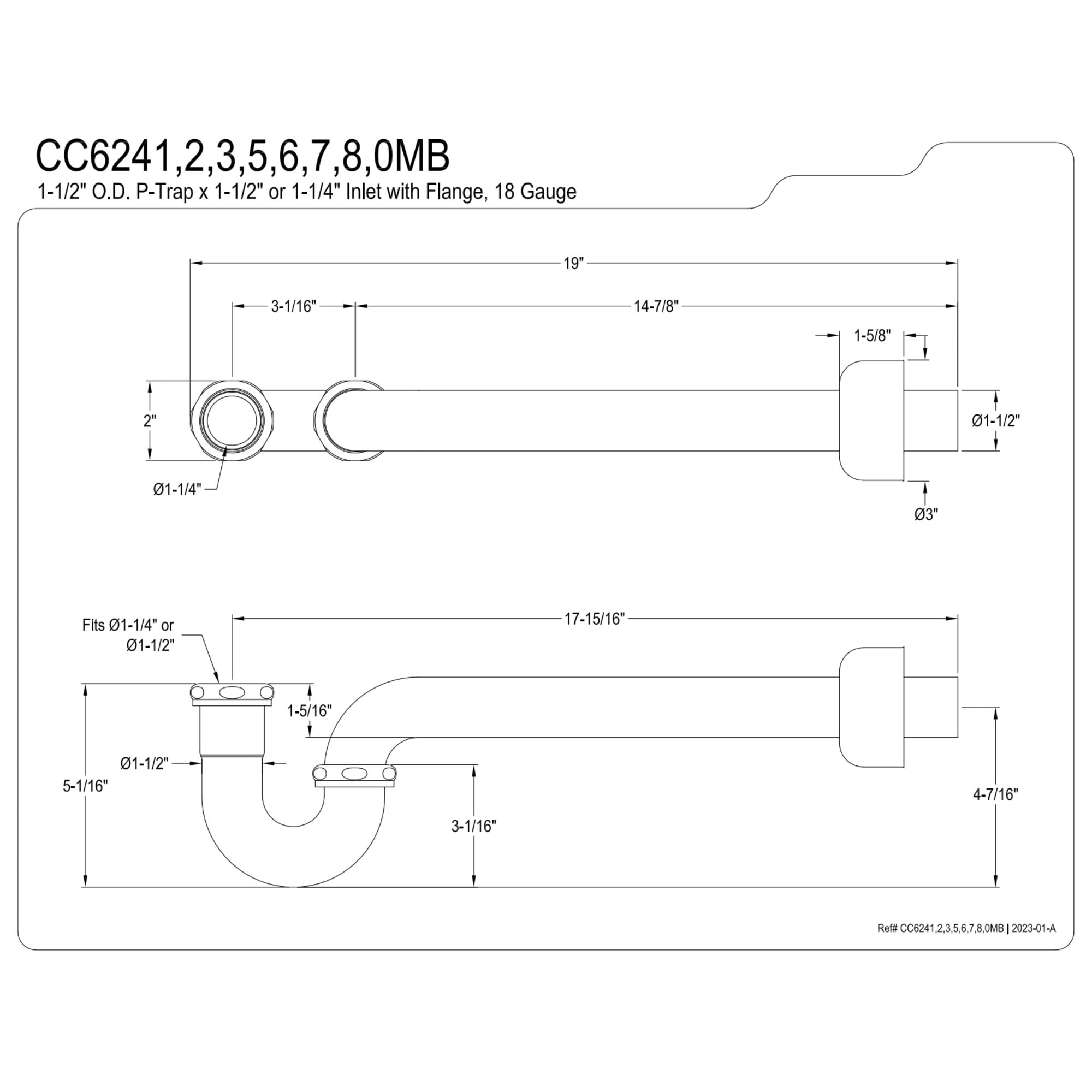 Kingston Brass CC6245 1-1/4" (or 1-1/2") x 1-1/2" P-Trap with Box Flange, 19" Length, 18 Gauge, Oil Rubbed Bronze