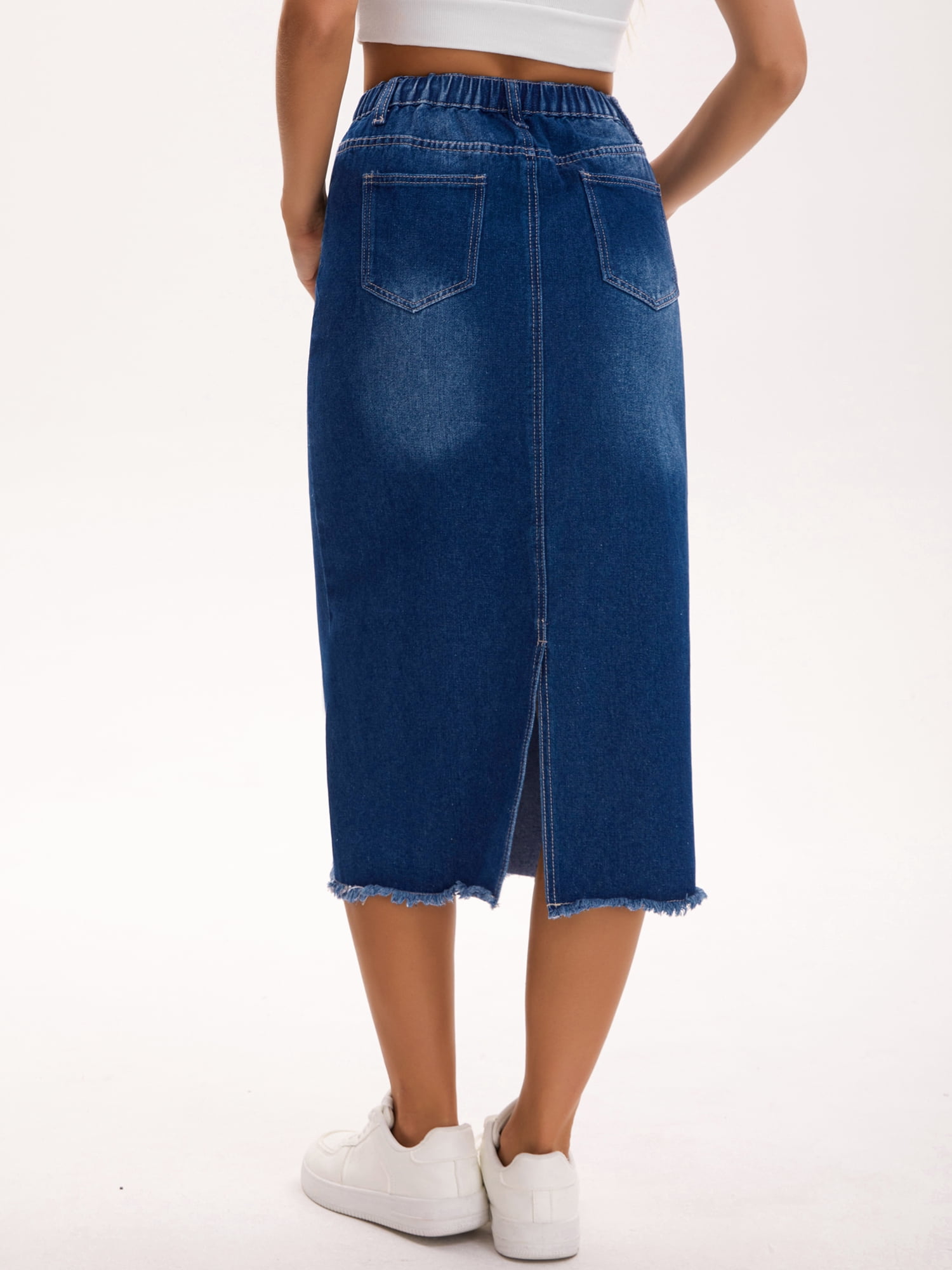 DARING DIVA Women's Long Denim Split Back Pockets Maxi Jean Skirts Medium Deep Blue