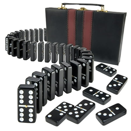 Jumbo Double Six Domino Set - 28 Thick Black Tiles - Sophisticated Wooden Vegan Leather Box - Classic Family Game - Math Skills and Strategy - 2-4 Players