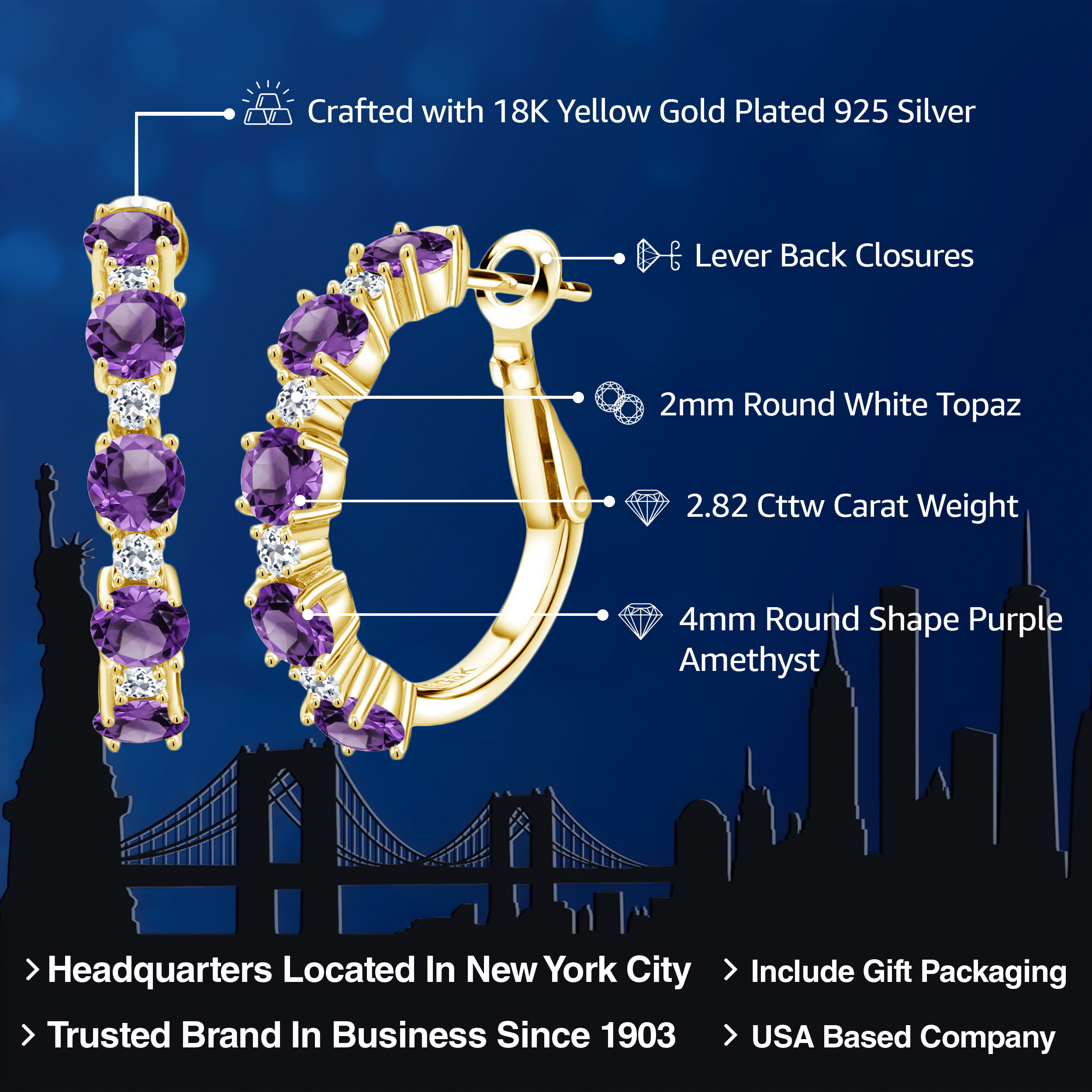 Gem Stone King 18K Yellow Gold Plated Silver Purple Amethyst and White Topaz Hoop Earrings for Women (2.82 Cttw, Round 4MM and 1.9MM, Gemstone Birthstone 1 inch Diameter)