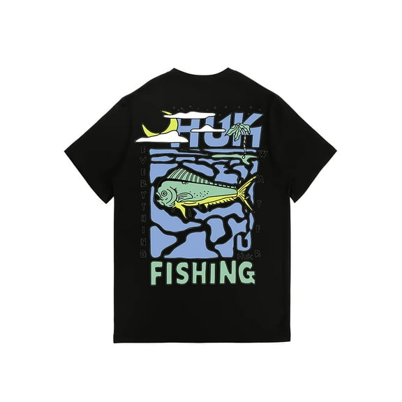 Huk Men's 100% Cotton 180g White Short-Sleeve T-Shirt with Vibrant Sea Fish Print - Relaxed Fit, Round Neck, Machine Washable, Perfect for Outdoor Fishing and Casual Wear, Fishing Gear