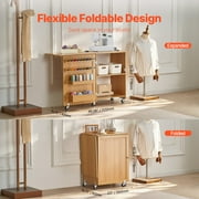 KFFKFF Sewing Table, Versatile Tailoring Machine Stand with Streamlined Configuration, Casters, Racks, Organizing Bins, Timber Dowels, and Attractive Shutters, Timber Hue