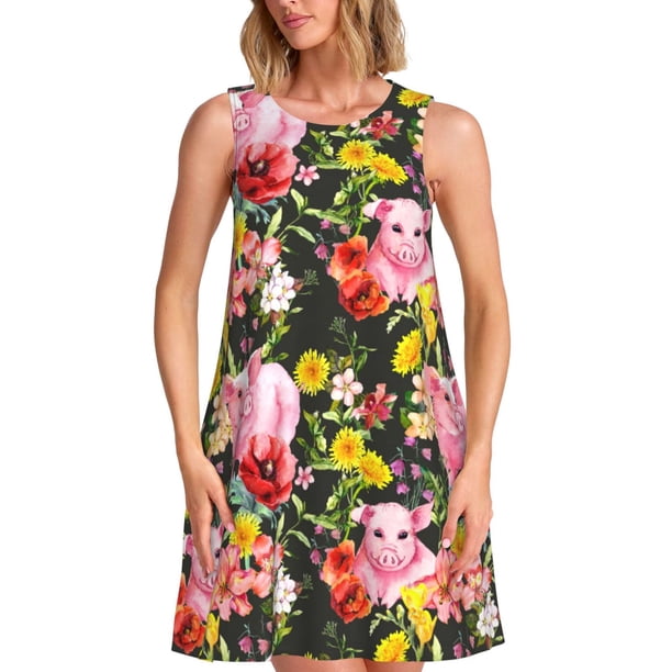 Fotbe Cute Pigs Sunflower Vestido de Verano sin Mangas para Mujer – Vestido Midi Línea A, Estilo Camiseta Floral, Vestido Playero Casual y Fluido