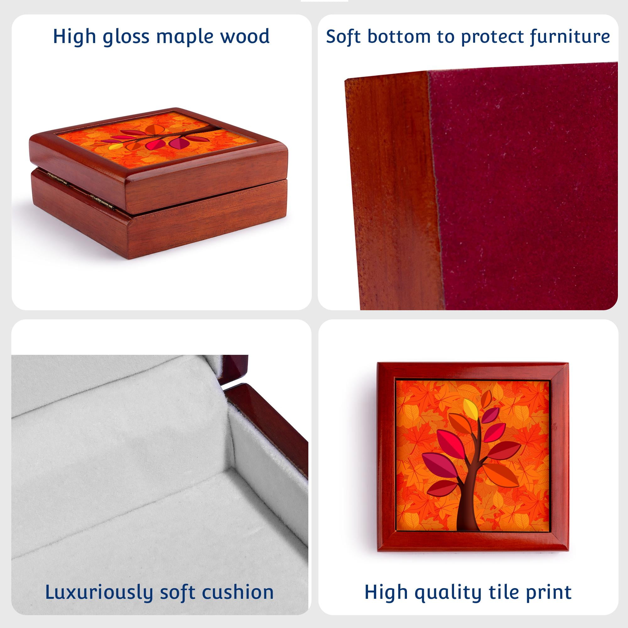 3dRose, Autumn Leaf Background in Orange Golds and Reds with Fall Tree, Jewelry Box 5.5x5.5 inch with 4 inch tile