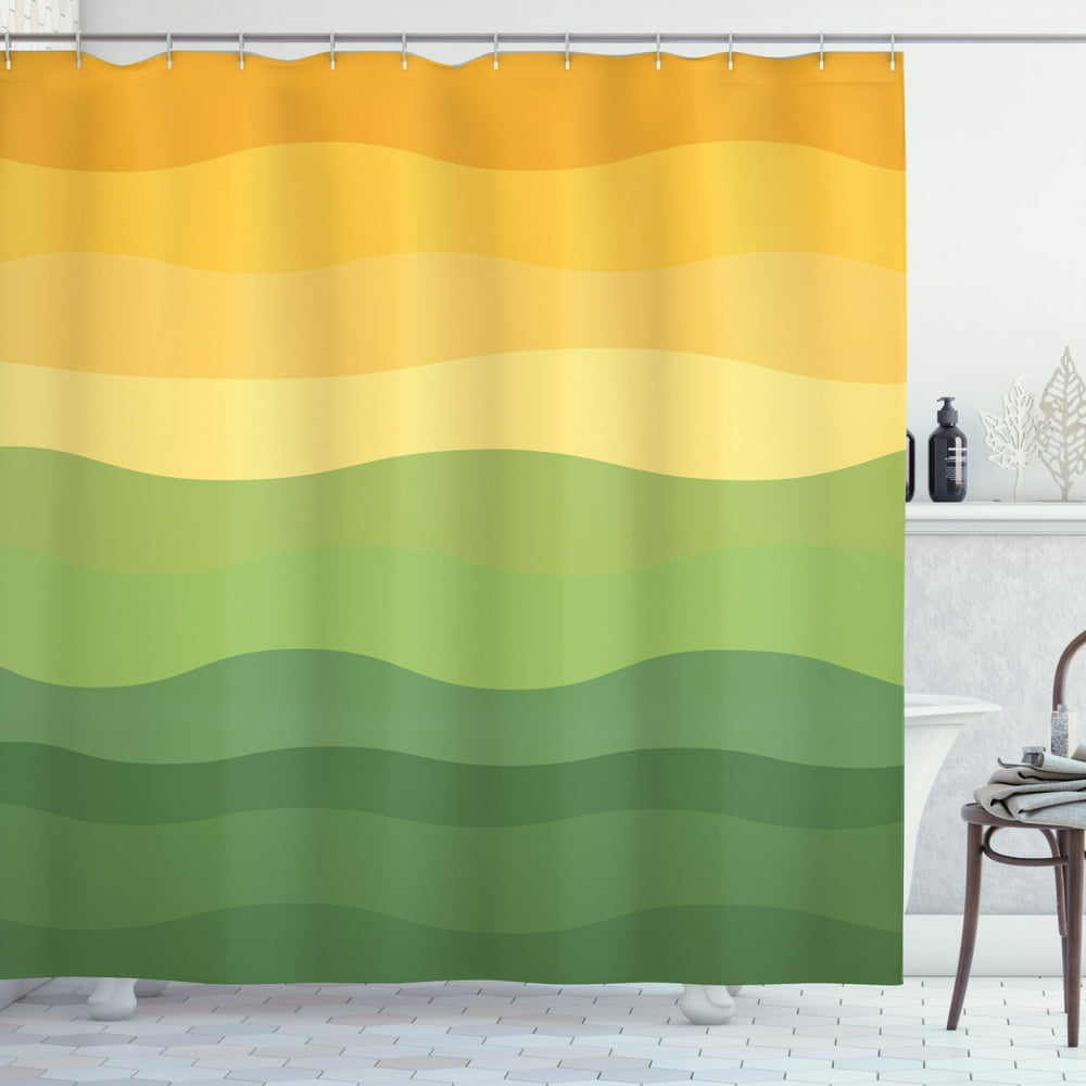 Abstract Shower Curtain, Green and Yellow Colored Wavy Lines Curves