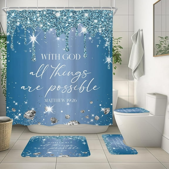 4Pcs Pink Diamonds Quotes Shower Curtain Sets with Non-Slip Rugs, Toilet Lid Cover and Bath Mat, Bible Verse Christian Scripture Shower Curtain with 12 Hooks, Luxury Bath Curtain for Bathroom