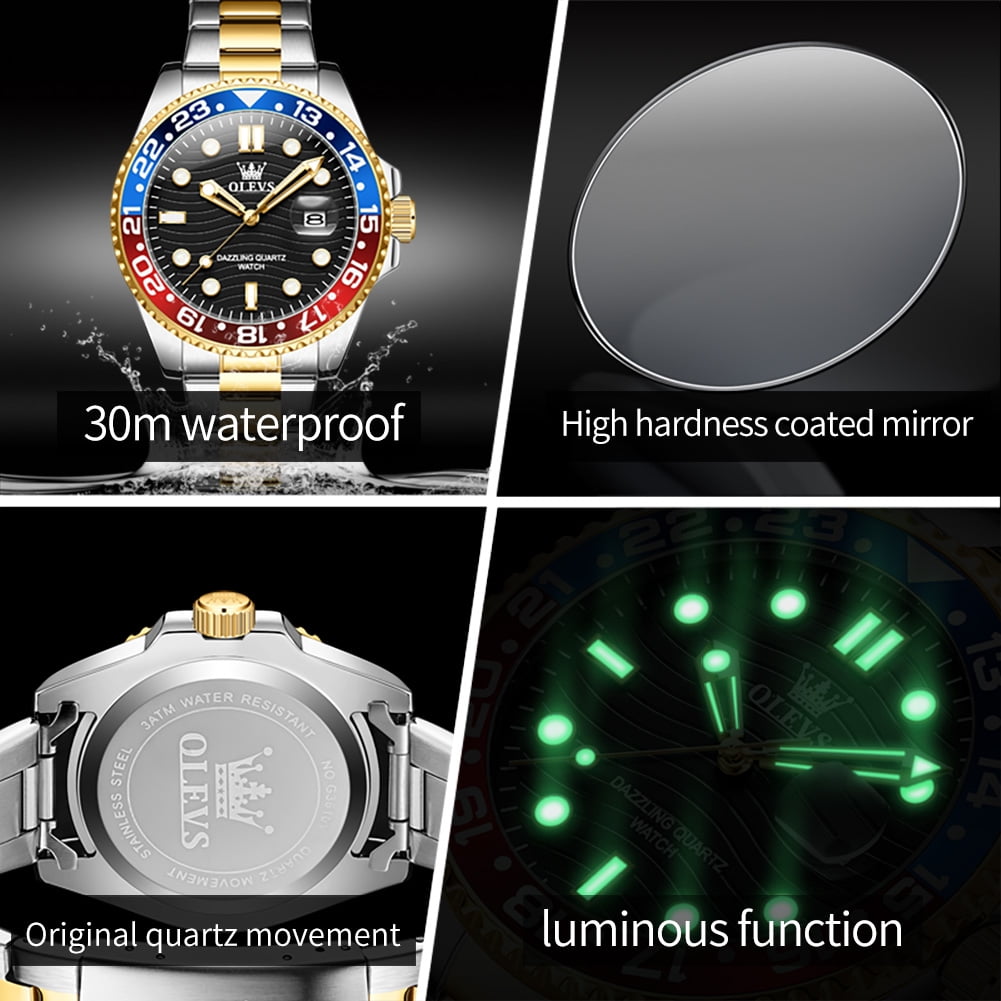 OLEVS Mens Watches, Silver Dress Gold Classic Luxury Big Large Face Waterproof Watches for Men, Analog Two Tone Stainless Steel Men Wrist Watch with Date Relojes De Hombre , Green/Blue/Black Dial