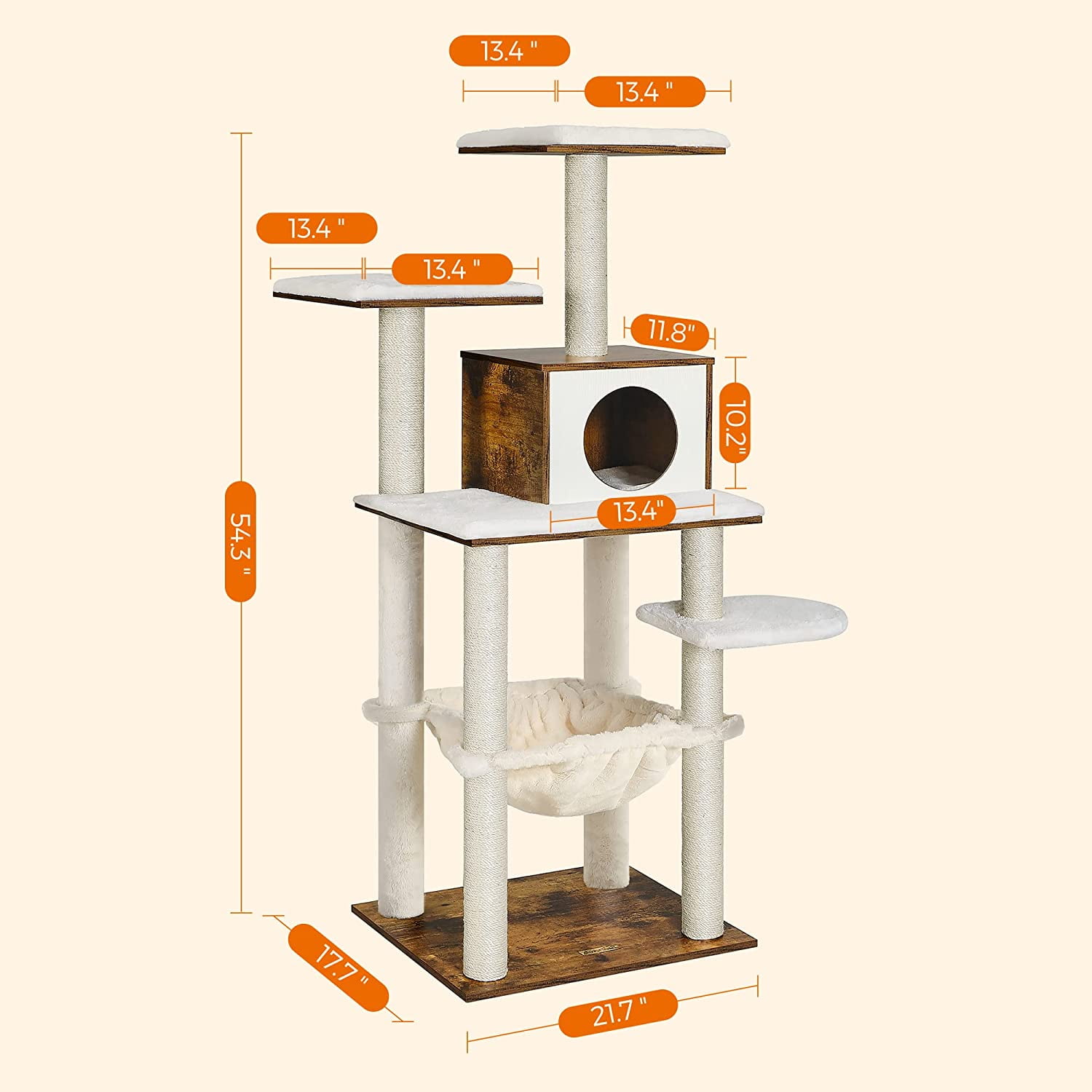 Feandrea Cat Tree, 54.3-Inch Cat Tower with Scratching Posts, Hammock, Cat Cave, Padded Perches, Wooden Cat Condo, Brown