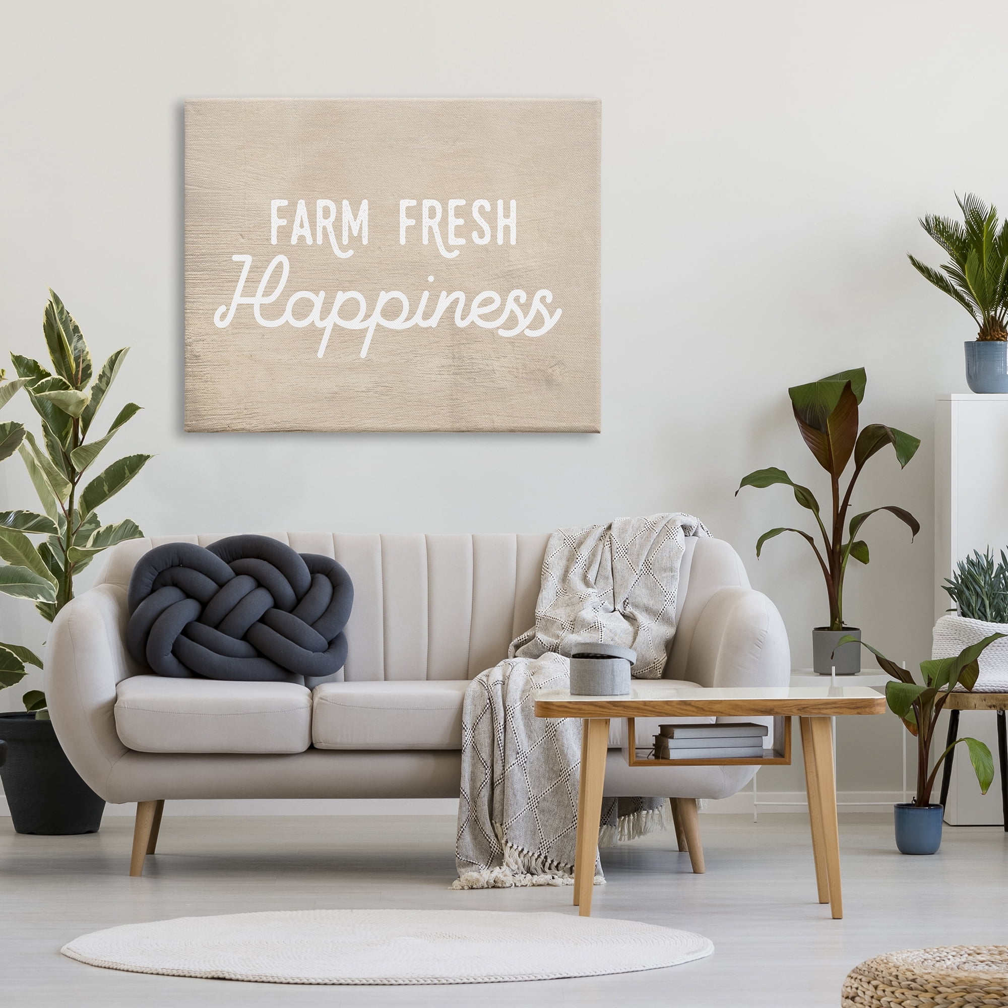 Design by Daphne Polselli Farm Fresh Happiness Phrase Text over Rustic Pattern 48 in x 36 in Painting Canvas Art Print, by Stupell Home Décor