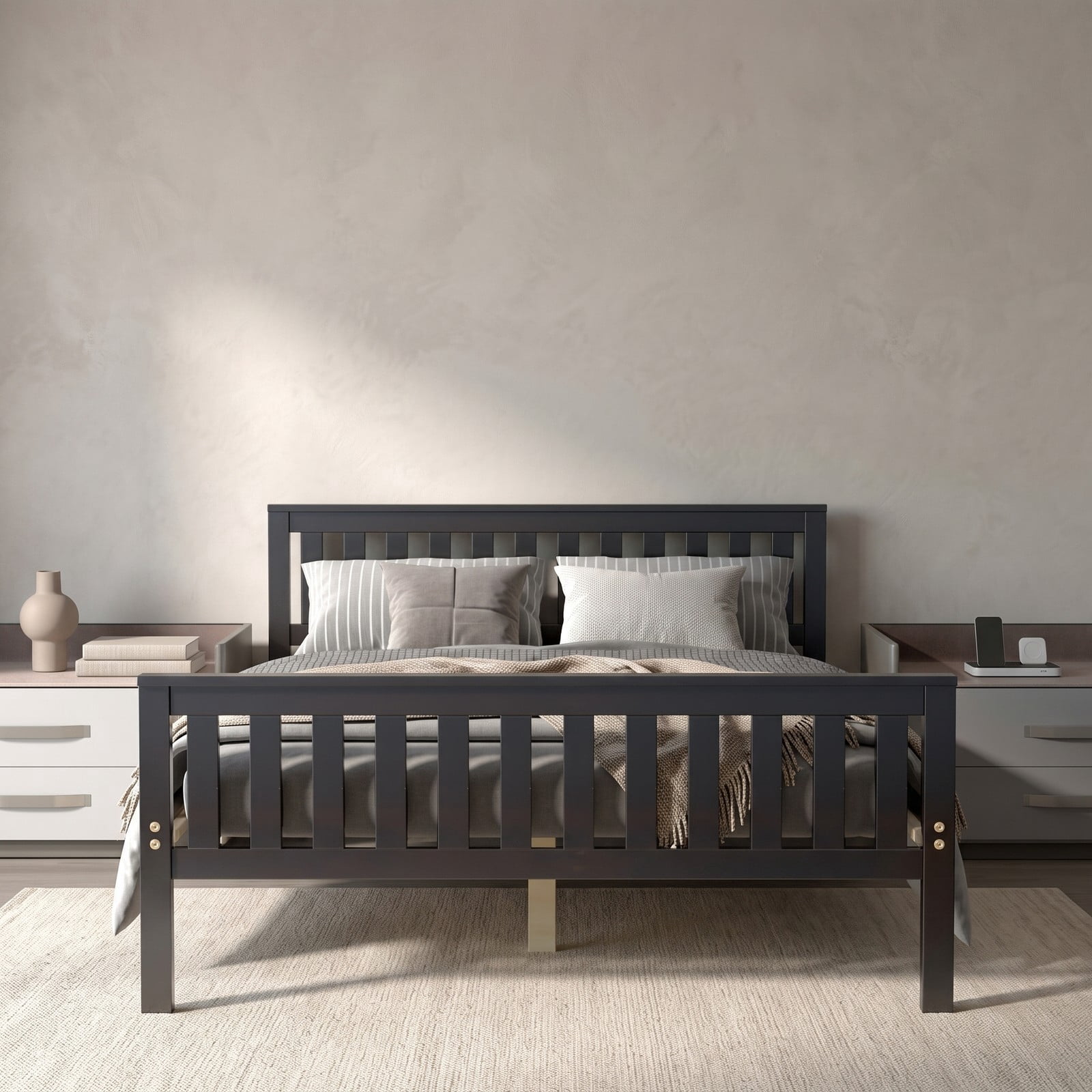 Furnibear Full Size Bed Frame with Panel Headboard and Footboard, Wood Platform Bed Frame with Under Bed Storage, Espresso