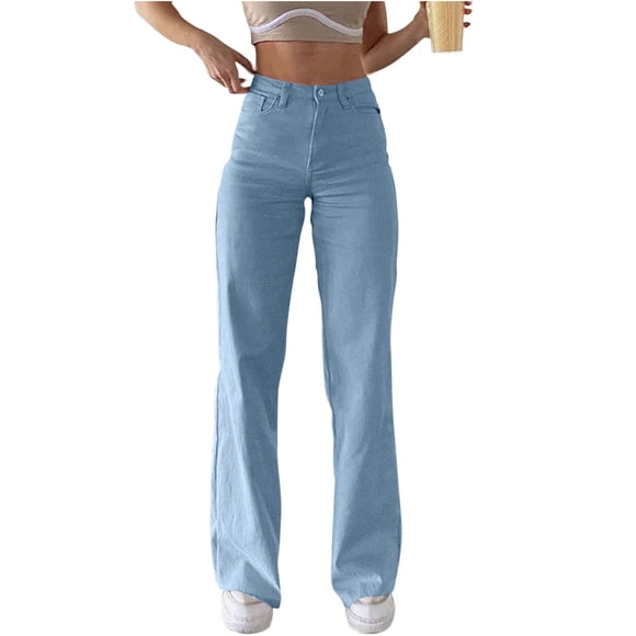 Pxkloy Flared Jeans for Women Casual Fashion Baggy Solid Pants Button Zipper Pockets Stretchy High Waist Trousers Light Blue,XL