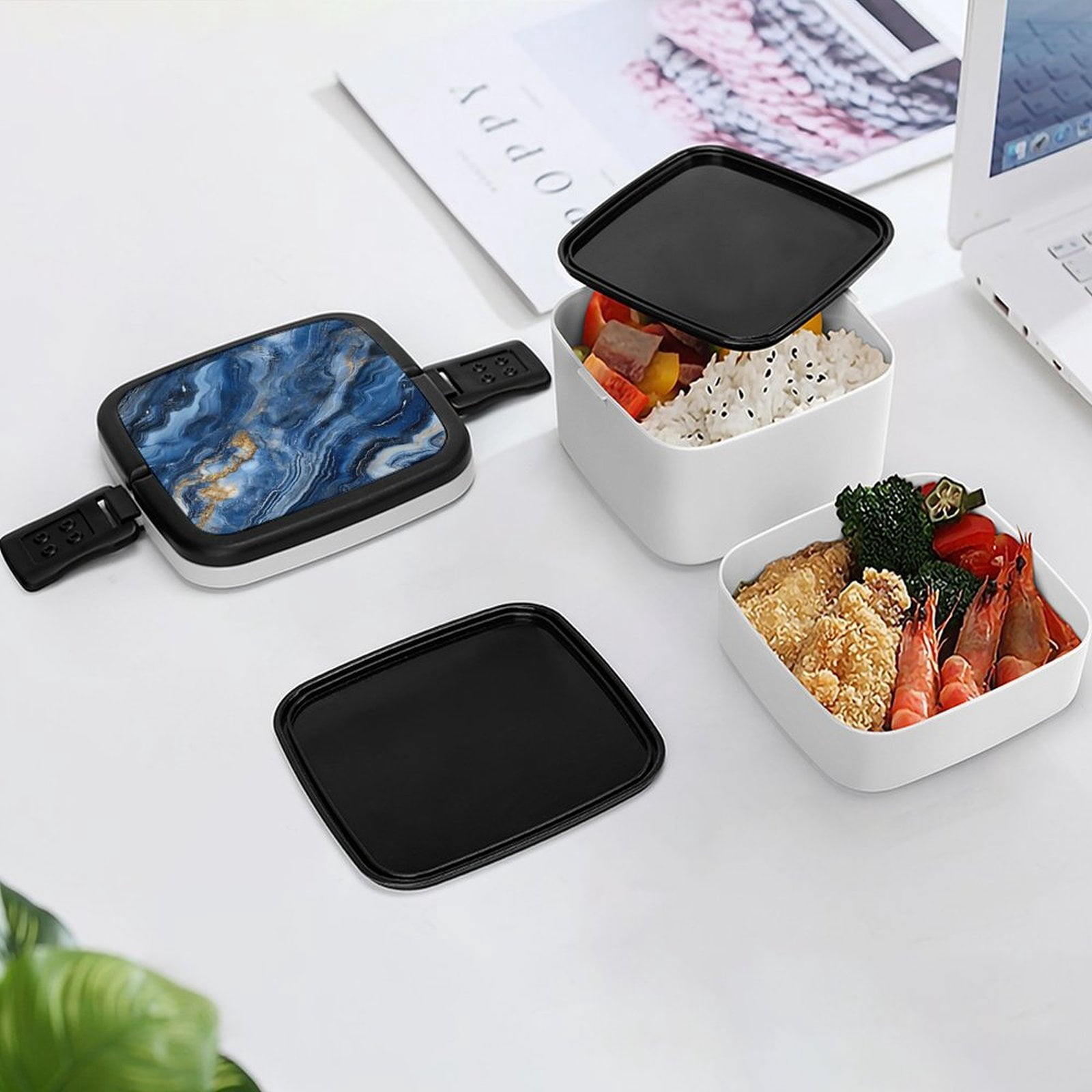 5.3×4.3in Double-Layer Bento Box Sealing Leakproof Partition Design Buckle Design Convenient Switch With Handle SteelBlue Marble_3