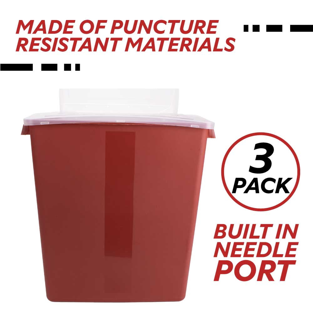 Medegen Sharps Container, 3 Gallon, Red/Black, Large Tortuous Path Lid, 12.5in x 13.5in x 6in, 3 Count