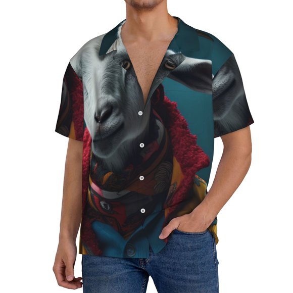 Gaeub Surrealist Goat Print Men's Lapel Short Sleeve Shirt,Cuban Shirts For Men,Short Sleeve Button Down Men,for Outdoors Party Travel-Small