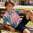 thumbnail image 2 of longantii Boys Short Sleeve Polo Shirt Tropical Leaf Print Casual Golf Shirt Cozy Comfort Collared School Uniform Shirt Hawaiian Style Kids Summer Tops Vermilion 4-5 Years, 2 of 6