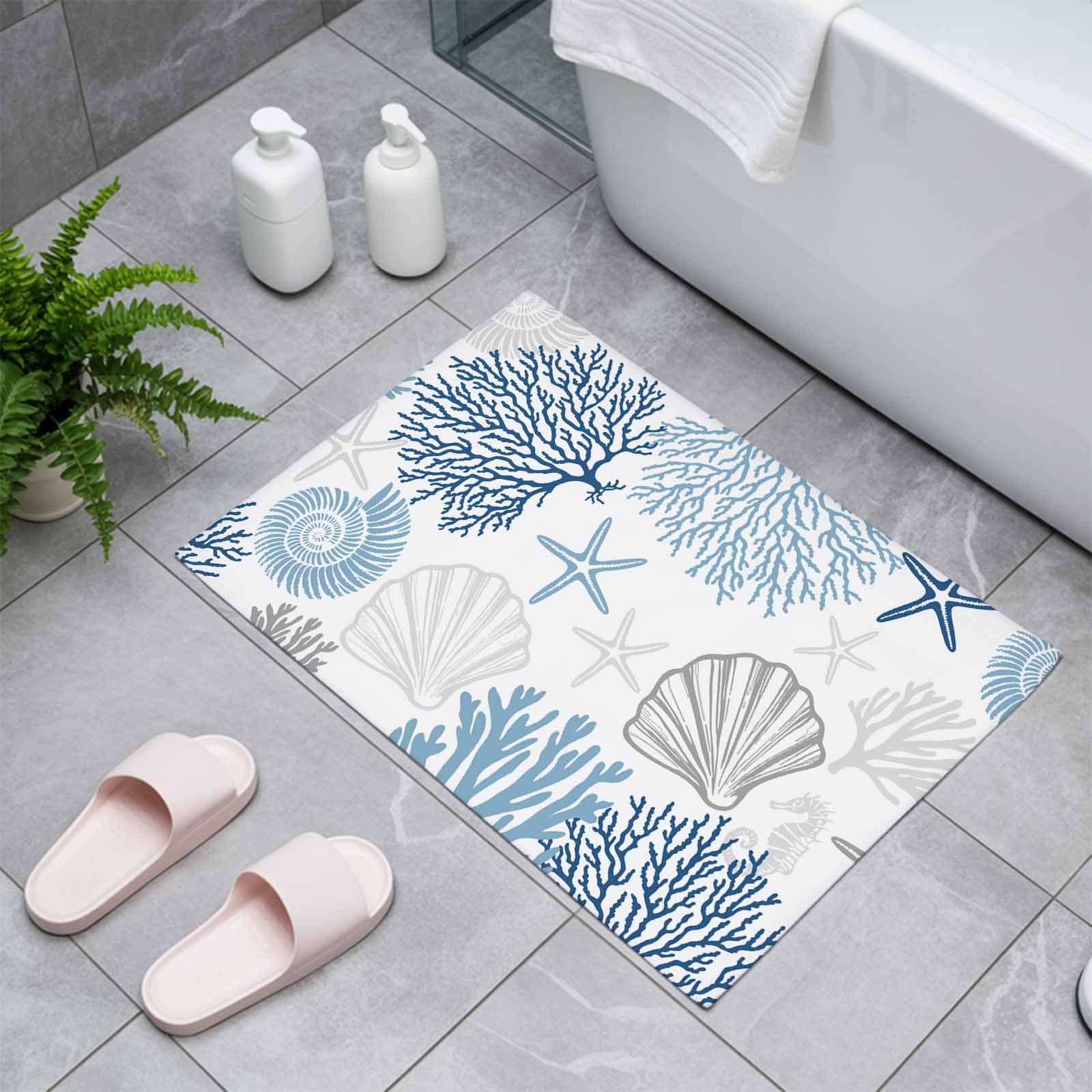 Navy Blue Gray Coastal Indoor Door Mat - 20"x31.5", Non-Slip Welcome Mat for Outdoor, Summer Beach Coral Shell Ocean Front Doormat for Entry, Low-Profile Doormat Entrance Rug for Kitchen/Bathroom
