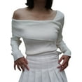thumbnail image 2 of Arvbitana Women’s Off One Shoulder Knitwear   Pullover Long Sleeve Solid Color Ribbed Knit Dressy Blouse Slim Fit T-Shirts Fall Tops, 2 of 9