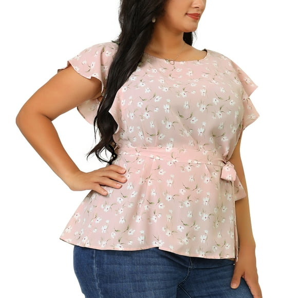 Women's Plus Size Blouse Floral Tie Waist Flare Sleeve Top Pink 3X