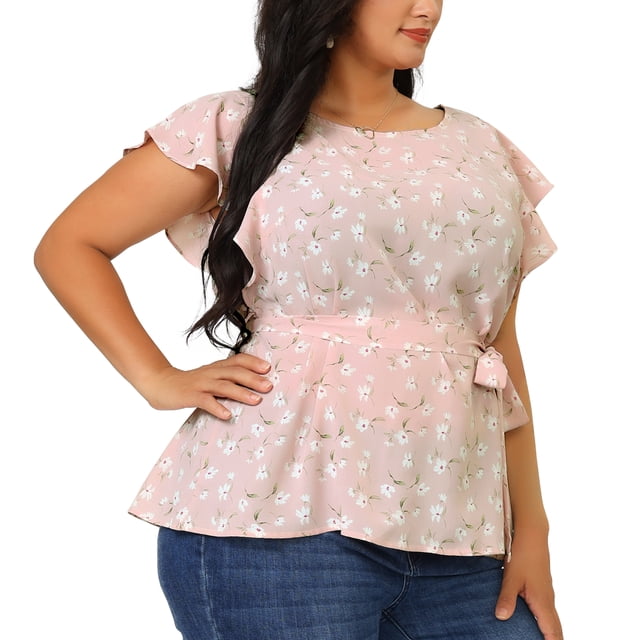 Women's Plus Size Blouse Floral Tie Waist Flare Sleeve Top Pink 3X