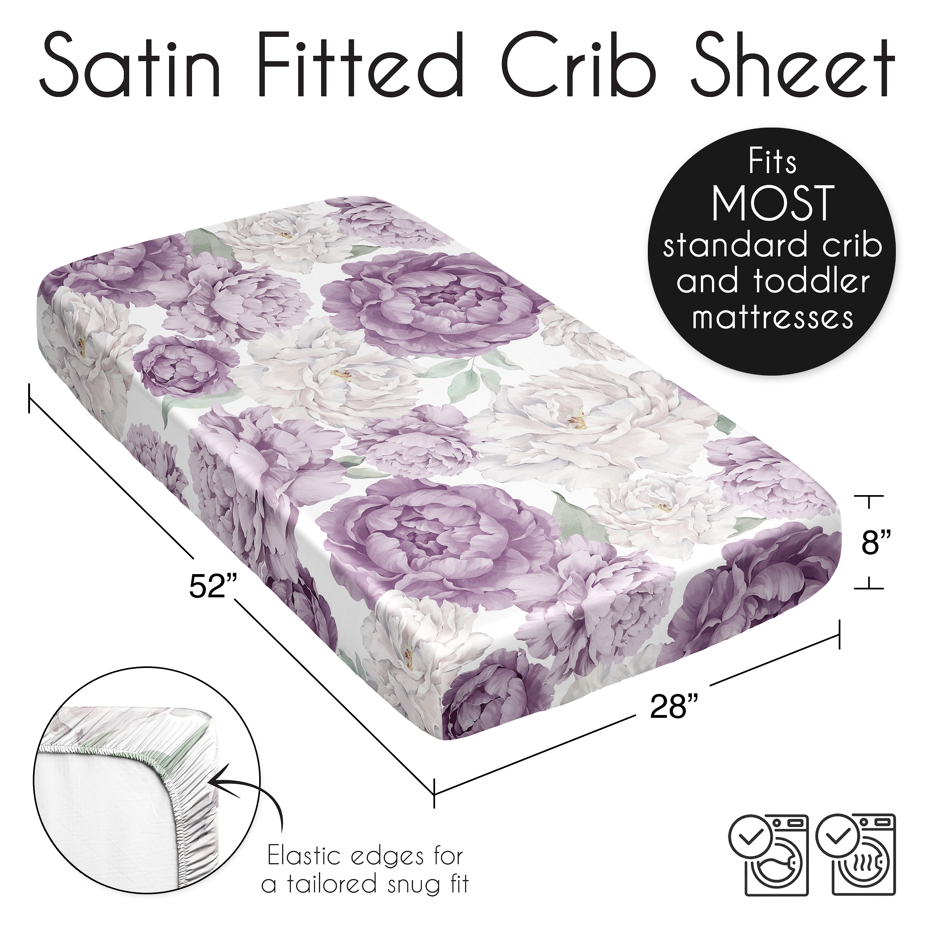 Sweet Jojo Designs Peony Floral Garden Purple Ivory and Green Satin Fitted Crib Sheet