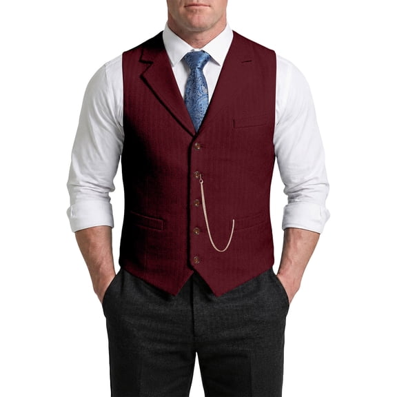 UDAUDU Men's Vintage Vest Slim Fit Suit Formal Prom Party Herringbone Pattern Waistcoat with Chain Detail Wine XL