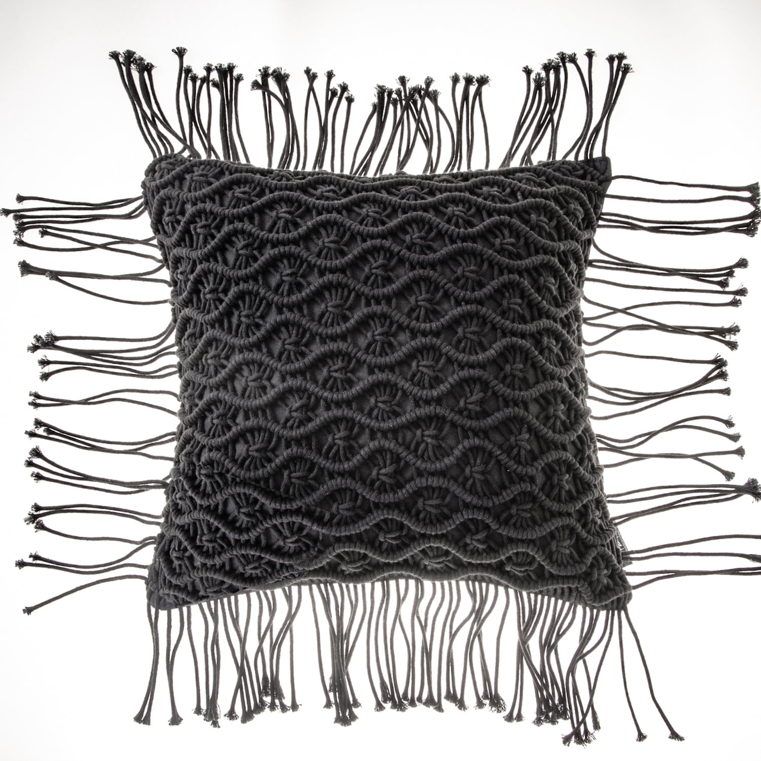 Phantoscope 100% Cotton Handmade Crochet Woven Boho with Tassels Series Decorative Throw Pillow, 18" x 18" Square, Black, 1 Pack