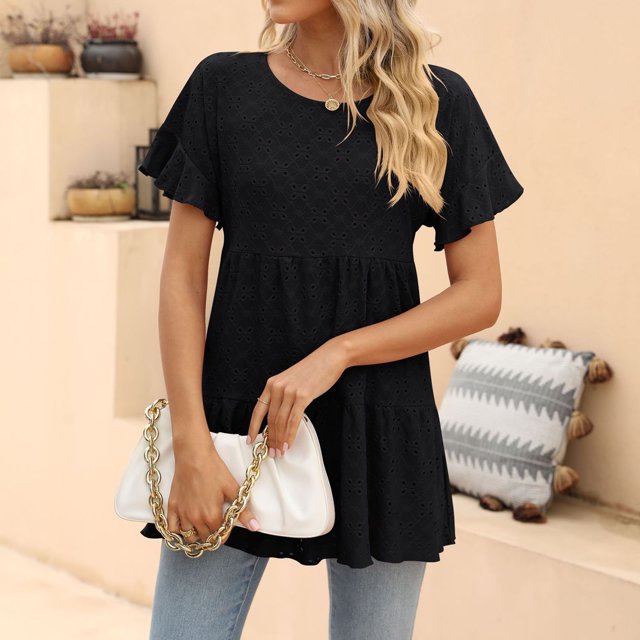 Top con dobladillo con volantes para mujer,Camiseta con tripulación para mujer, Top calado para mujer, Camiseta con cuello redondo para mujer, funcionamiento suave