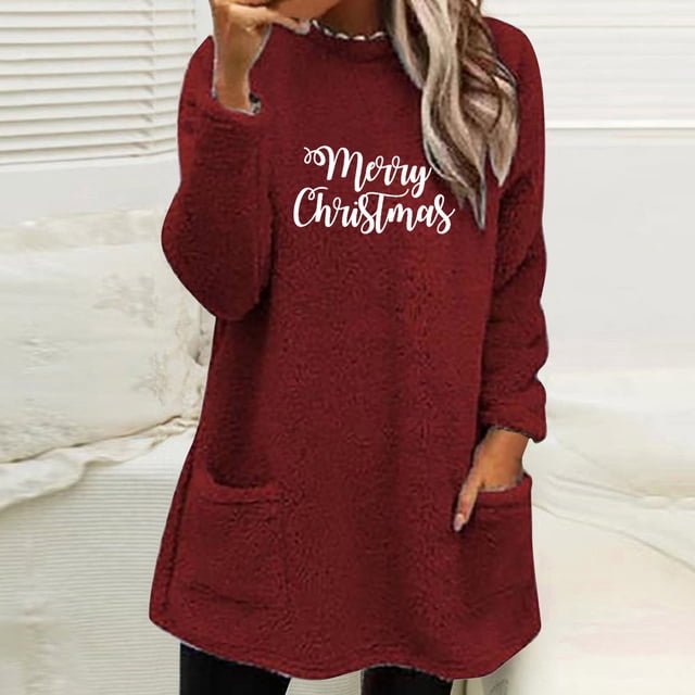 LSLJS Hauts Thermiques pour Femmes, Blouse à Col Rond et Imprimé d'Hiver avec Poche, Manches Longues Chaudes
